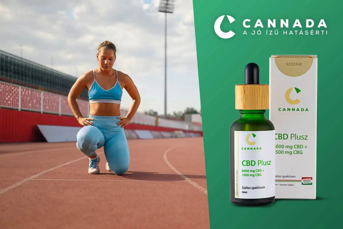 CBD sport: egy sportoló regenerálódik futópályán, mellette Cannada CBD Plusz olaj, amely segíthet az alvásban, izomláz csökkentésében és a felépülésben.